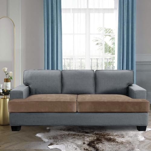 H.VERSAILTEX Stretch Velvet 2 Piece T Cushion Sofa Slipcovers - Individually Fitting Cushion Covers for 2 Cushion Couch - Stay in Place (Camel)