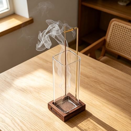 Ceremony Incense Holder, Wooden Incense Burner with Glass Ash Catcher (Transprent Square, One Glass)
