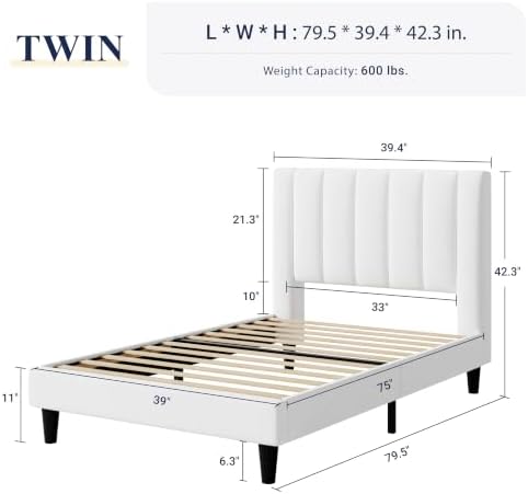 Allewie Twin Bed Frame/Velvet Upholstered Bed Frame with Vertical Channel Tufted Headboard/Strong Wooden Slats/Platform Bed Frame/Mattress Foundation/Box Spring Optional/Easy Assembly/White