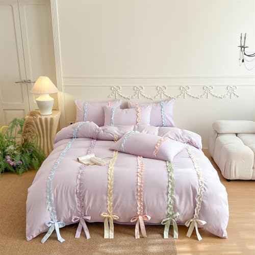 Rainbow Ruffles Bedding Set with Bow,Colorful Striped Duvet Cover, Cute Princess Style 2 PCS Duvet Cover Set-1 Duvet Cover and 1 Pillowcases for Girls Teens Bedroom,No Comforter