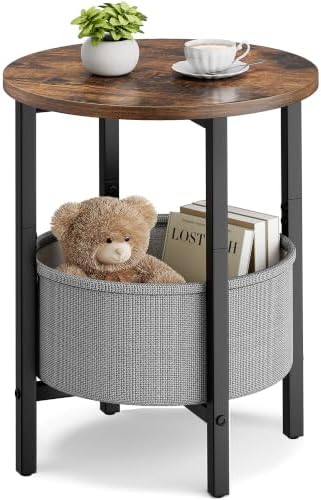 Vagusicc Small Round Side Table, Accent End Table with Fabric Basket, Drink Table Coffee Table for Small Spaces, Sofa Corner Table,Bedside Table,Modern Nightstand for Living Room,Bedroom, Rustic Brown
