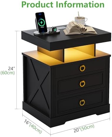 HENBC Nightstand with Gun Drawer, LED Night Stand with Charging Station, Smart End Table with Bedside Table for Bedroom/Study Room,3 Colors Human Sensor Lights Furniture (Black)
