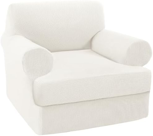 Turquoize T Cushion Chair Slipcover Armchair Slipcover for Living Room Stretch Sofa Cover Soft Armchair Cover Washable Furniture Covers with Individual T Cushion Seat Covers (Chair, Porcelain White)