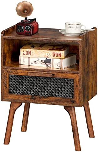 Lerliuo Rattan Nightstand, Boho Side Table with Drawer Open Shelf