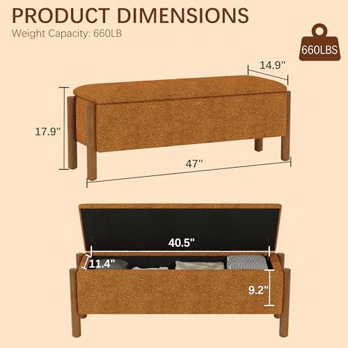 Modern Storage Benches with Walnut Wood Legs, 47'' Ottoman Bench with 20 Gallons Storage Space for Bedroom End of Bed, Fabric Upholstered Entryway Bench with Seating for Livingroom, Orange