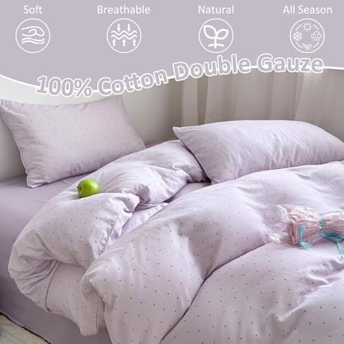 Purple Polka Dot Duvet Cover Set Twin 3 Pcs,Cotton Muslin,68"×86"