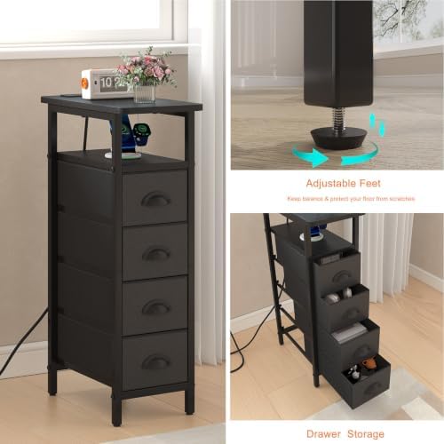sthmec Side Table with Charging Station, Narrow End Table with 4 Drawers, LED Nightstands with Fabric Drawers,Slim Sofa Couch Side Tables for Small Spaces,Living Room,Bedroom, Black