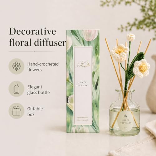 VANGIE Lily of the Valley Reed Diffuser for Home | Fresh Floral Scent | Elegant Glass Bottle with Handmade Flower | Long-Lasting, Vegan | Bedroom & Living Spaces