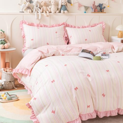 Cute Rainbow Stripes Bowknot Duvet Cover Pink Ruffle Princess Chic Bow Printed Textured Seersucker Comforter Cover Set for Girls Kids Teens Queen 3Pcs