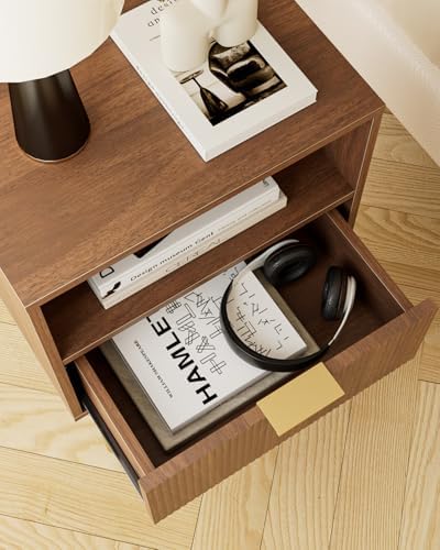 Aienvey Nightstand with One Drawer, WalnutStripe Night Stand and Gold Frame