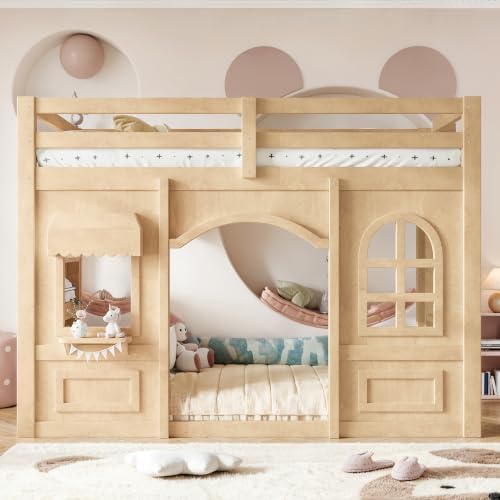 Twin Size Wooden Playhouse Loft Bed with Windows, Light Natural