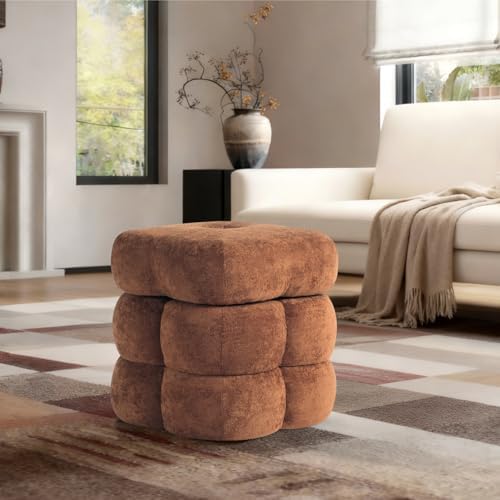 Get Set Style 360° Swivel Flower Ottoman, Linen Vanity Stool Footrest with 300LBS Capacity, No Assembly Small Space Accent Chair for Living Room Bedroom Entryway (Honey Ginger)