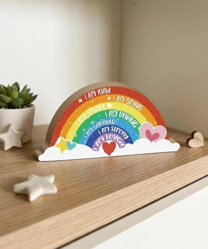 Putuo Decor Inspirational Nursery Decor, Boho Rainbow Wooden Tabletop Decor, Positive Affirmations Wooden Ornament for Room Classroom Shelf Desk Home Space