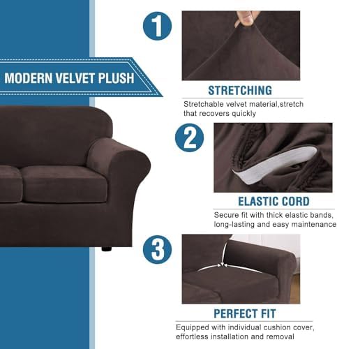 H.VERSAILTEX Real Velvet Plush 3 Piece Stretch Sofa Covers Couch Covers for 2 Cushion Couch Sofa Slipcovers Width Up to 90 Inch Feature Thick Soft Stay in Place (Large Sofa, Brown)