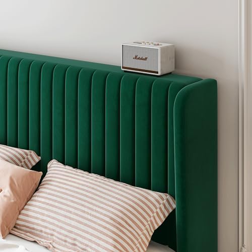 SHA CERLIN Full Size Velvet Bed Frame, Tufted Wingback Headboard, Green