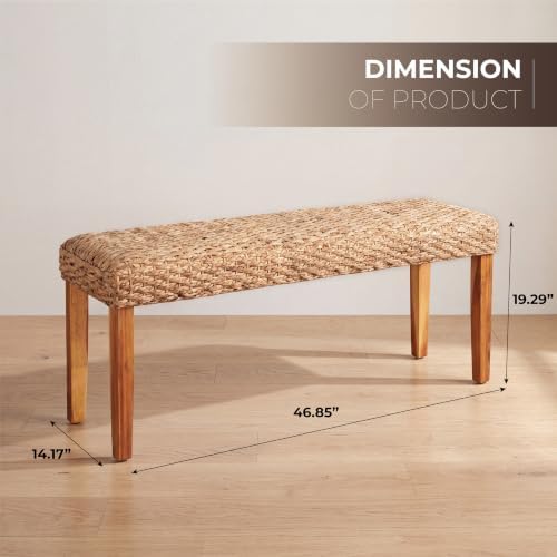 Indoor Wicker Bench 47" Solid Wood Acacia & Natural Woven Seat, Natural Leg
