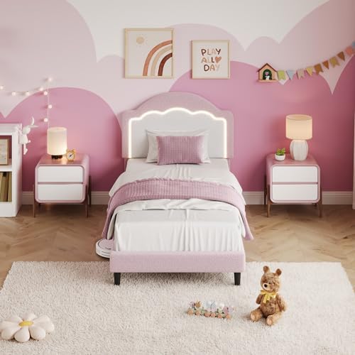 Twin Size Kids Bed Frame with Adjustable RGB LED Headboard