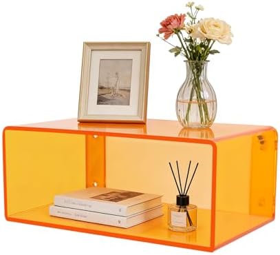 Acrylic Wall-Mounted Nightstand Floating Wall Nightstand Bedside Table Floating Side Table Wall Mounted Clear Shelf for Bedroom Bathroom (Orange)