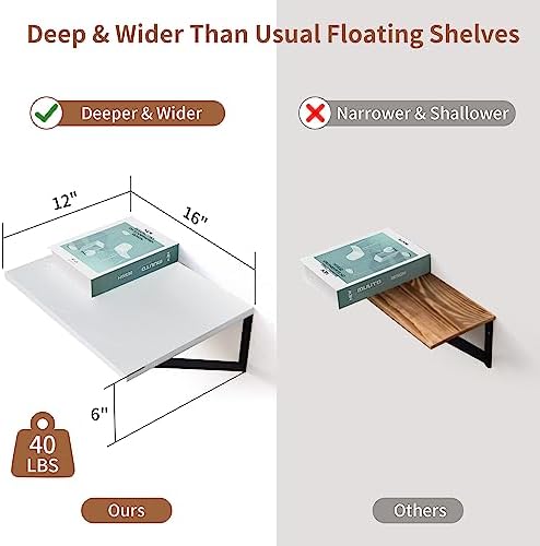 Axeman Deep Floating Shelves - 16 Inch Wide x 12 Inch Deep White Wall Shelves Set of 2-12 Inch Deep White Wood Shelves for Wall Storage & Decor