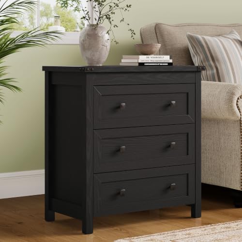 Farmhouse Nightstand with 3 Drawers, Wood Bedside Table, Black
