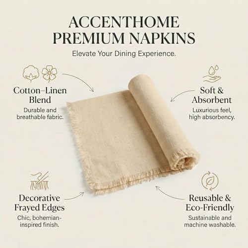 Accent Home Cream Linen Cloth Napkins, Set of 6, 18x18 Inches