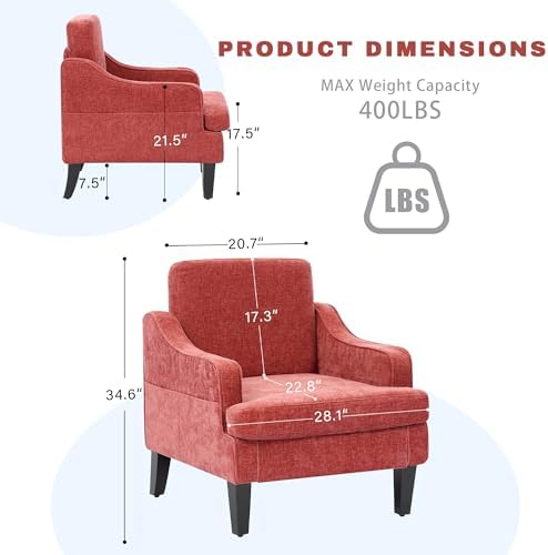 Accent Chair for Living Room,Mid-Century Arm Chair Chenille Fabric Living Room Chairs,Upholstered Reading Chair for Bedroom,Single Sofa Chair with Wood Legs for Apartment (Orange)