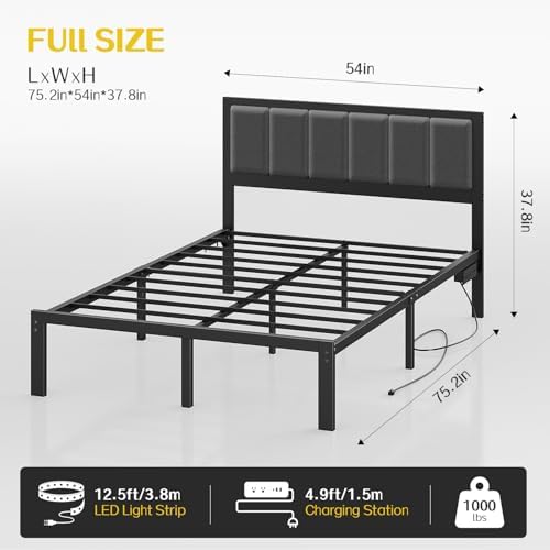 OLEVS Full Bed Frame with Headboard, Smart LED & Charging Station