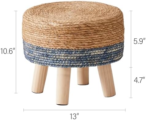 Cpintltr Foot Stool Natural Seagrass Hand Weave Poufs Round Ottoman for Couch Desk Soft Step Stool Padded Foot Rest with Non-Skid Pine Legs for Hallway Office Lounge Natural/Blue