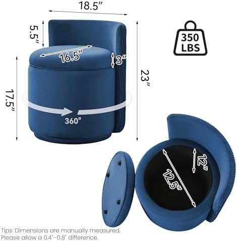 WUTUTUEE Velvet Vanity Chair with Storage, 360° Swivel Makeup Chair with Wave Back, No Assembly Small Accent Stool for Bedroom, Dressing, Living Room, Blue