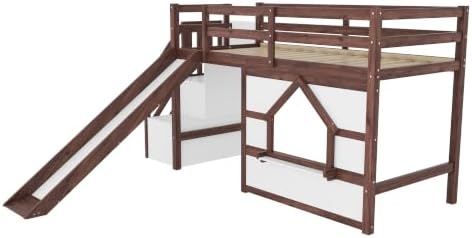 Bellemave Twin Low loft/bunk Bed with Slide and Storage Staircase LED for Kids,Wood Loft Beds,Walnut+White