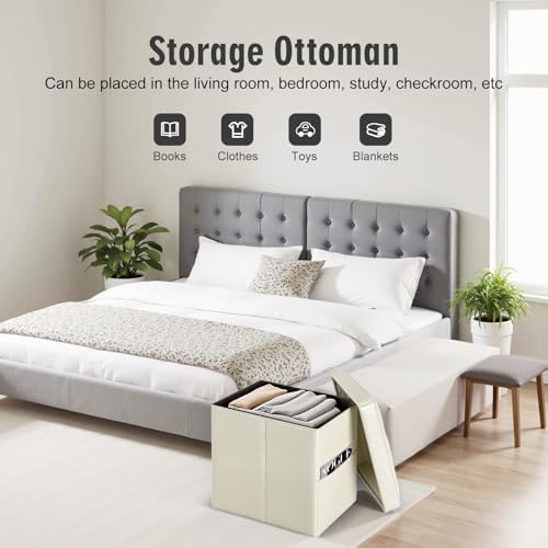 Ottoman with Storage for Dorm, Upgraded 17" Height Folding Foot Rest, Beige