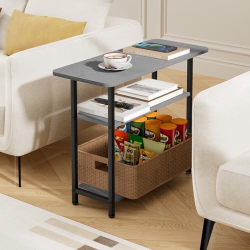 SLEEPING LAMB Side Table for Living Room, 3-Tier End Table for Small Space with Wide Storage Tabletop, Narrow Nightstand for Bedroom, Sofa Couch, Grey
