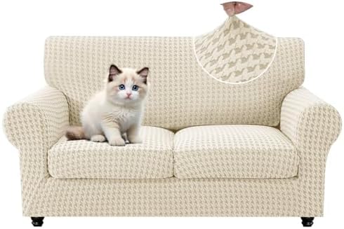 MAXIJIN 3 Pieces Stretch Sofa Covers for 2 Cushion Couch Loveseat Cover for Dogs Washable Love Seat Sofa Slipcovers Thick Soft Furniture Protector with Non Slip Strap (Beige, 55"-69")