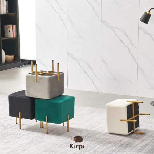 Kirpi Gray Velvet Foot Stool Set of 2, Modern Luxury Vanity Ottoman Stools with Gold Legs, Cube Accent Foot Rest for Living Room Bedroom Makeup Vanity (Gray)