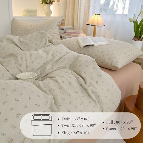 King Size Green Floral Duvet Cover Muslin 100% Cotton Rustic Aesthetic Comforter Cover,All Season Comfy Breathable Bedding Set with Zipper Closure.1 Duvet Cover and 2 Pillowcases