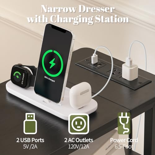 Yoobure Narrow Nightstand with Charging Station, LED Tall Narrow Side Table