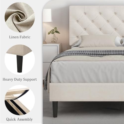 HOMBCK Full Bed Frame with Adjustable Headboard, White