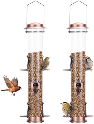 MIXXIDEA 2PK Metal Bird Feeders with 6 Feeding Ports,Tube Bird Feeder with Steel Hanger,Wild Bird Feeder for Outdoors Hanging, Attracting Birds in Your Lawn, Garden, Balcony (Antique Copper)