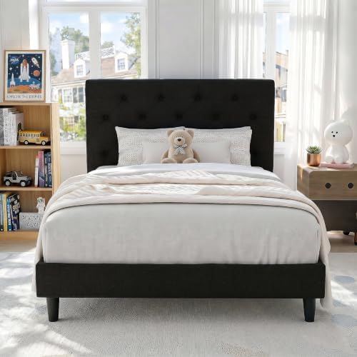HOMBCK Twin Size Bed Frame with Adjustable Headboard, Black