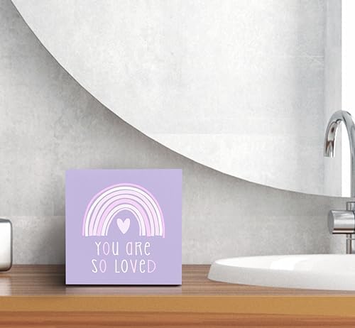 SRADMO You Are So Loved Rainbow Heart Wood Box Sign Desk Decor, Purple Kids Inspirational Quotes Wooden Block Box Sign Decoration for Kids Room Nursery Playroom Shelf Table Decorative Accessories