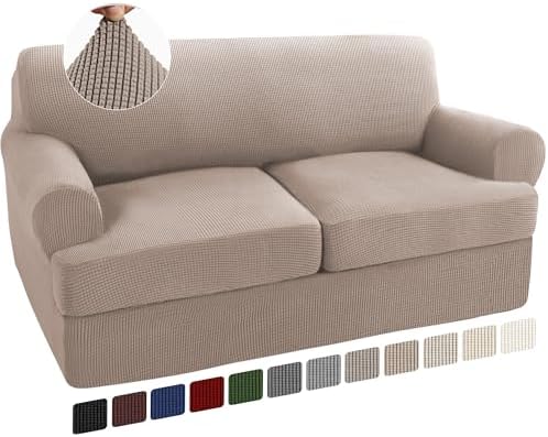 Turquoize 3 Piece T Cushion Loveseat Slipcovers Sofa Cover for 2 Cushion Couch Cover Washable Sofa Slipcover Furniture Covers with 2 Individual T Cushion Seat Covers (2 Cushion Loveseat, Sand)