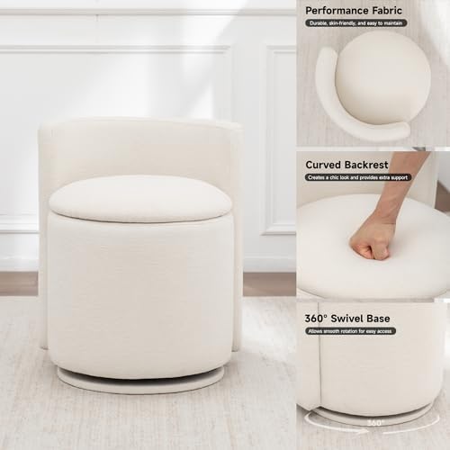 MINCETA Vanity Chair with Storage, 360° Swivel Accent Chair, Beige