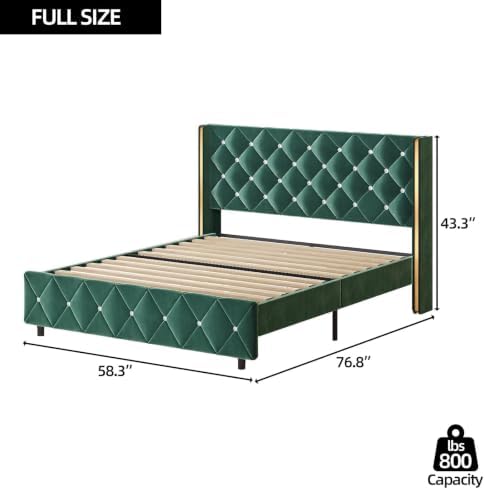 HOMBCK Bed Frame Full Size with Velvet Headboard, Goldside Wingback, Green