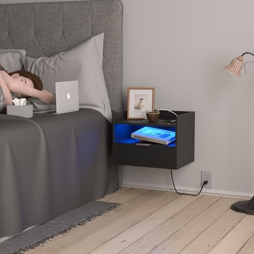 Veegle White Floating Nightstand with Charging Station and LED Lights (Black)