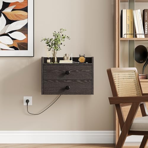 Floating Nightstand Set of 2 with 2 Storage Drawers and Charging Station