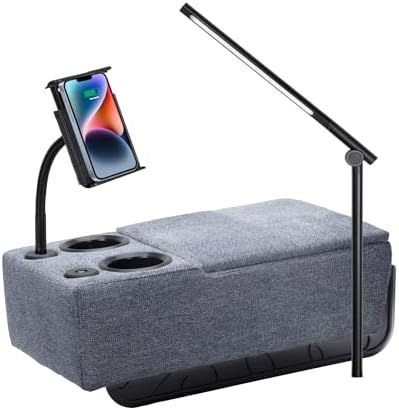 Removable Sofa Armrest, Dual Cup Holders Large Size Multifunctional Couch Caddy Storage Arm Rest with Power Wireless Charging Stand & LED Reading Light for Sofa Middle Seat Parts