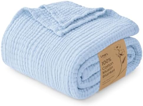 Love's cabin 100% Cotton Muslin Blanket Queen Size for Bed, Sky Blue