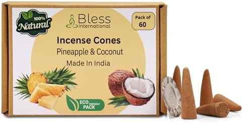 Bless International Pineapple and Coconut 100%-Natural-Incense-Cones Handmade-Hand-Dipped Organic-Chemicals-Free for-Purification-Relaxation-Positivity-Yoga-Meditation (60 Count)