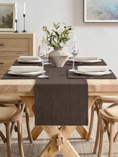 ZeeMart Linen Checked Farmhouse Table Runner, 13x60 Inches Chocolate