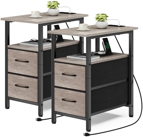 Vagusicc End Table with Charging Station Set of 2, Narrow Side Table, 23.8'' Tall Nightstand with 2 Drawers, Small Sofa Side Table Narrow Nightstand for Small Spaces, Living Room, Bedroom, Rustic Grey